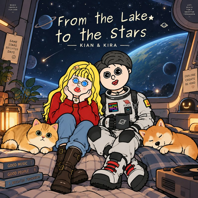 From the Lake to the Stars album cover: two illustrated characters with a cat and dog in a warm spacecraft cabin overlooking the stars